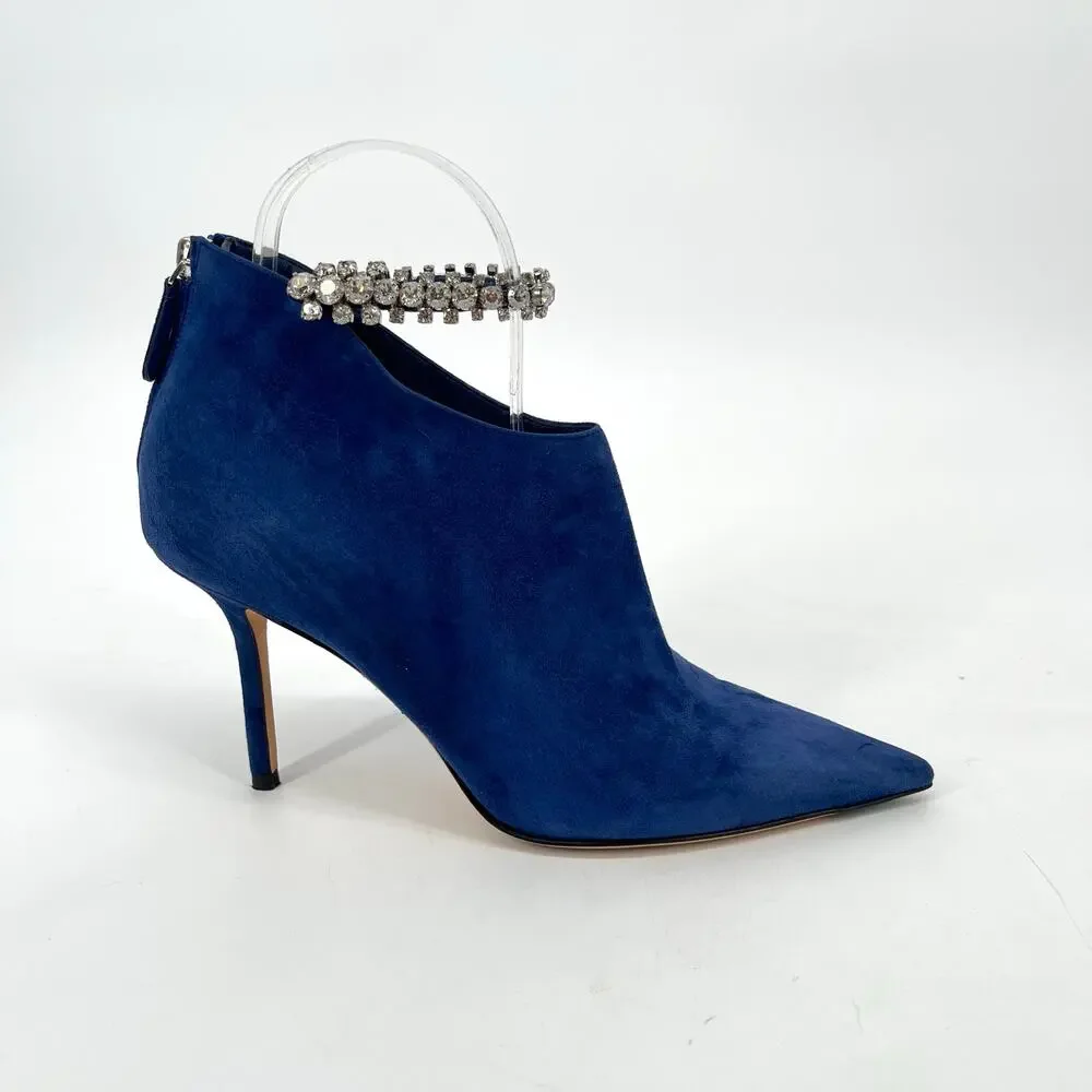 Jimmy Choo Blaize 100 Navy Blue Suede Ankle Bootie Crystal Strap size IT 37